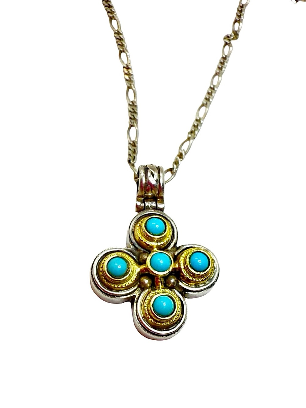 Stunning Konstantino Turquoise & 18k Gold Cross Pendant Necklace - Women Jewelry - Picture 3 of 7